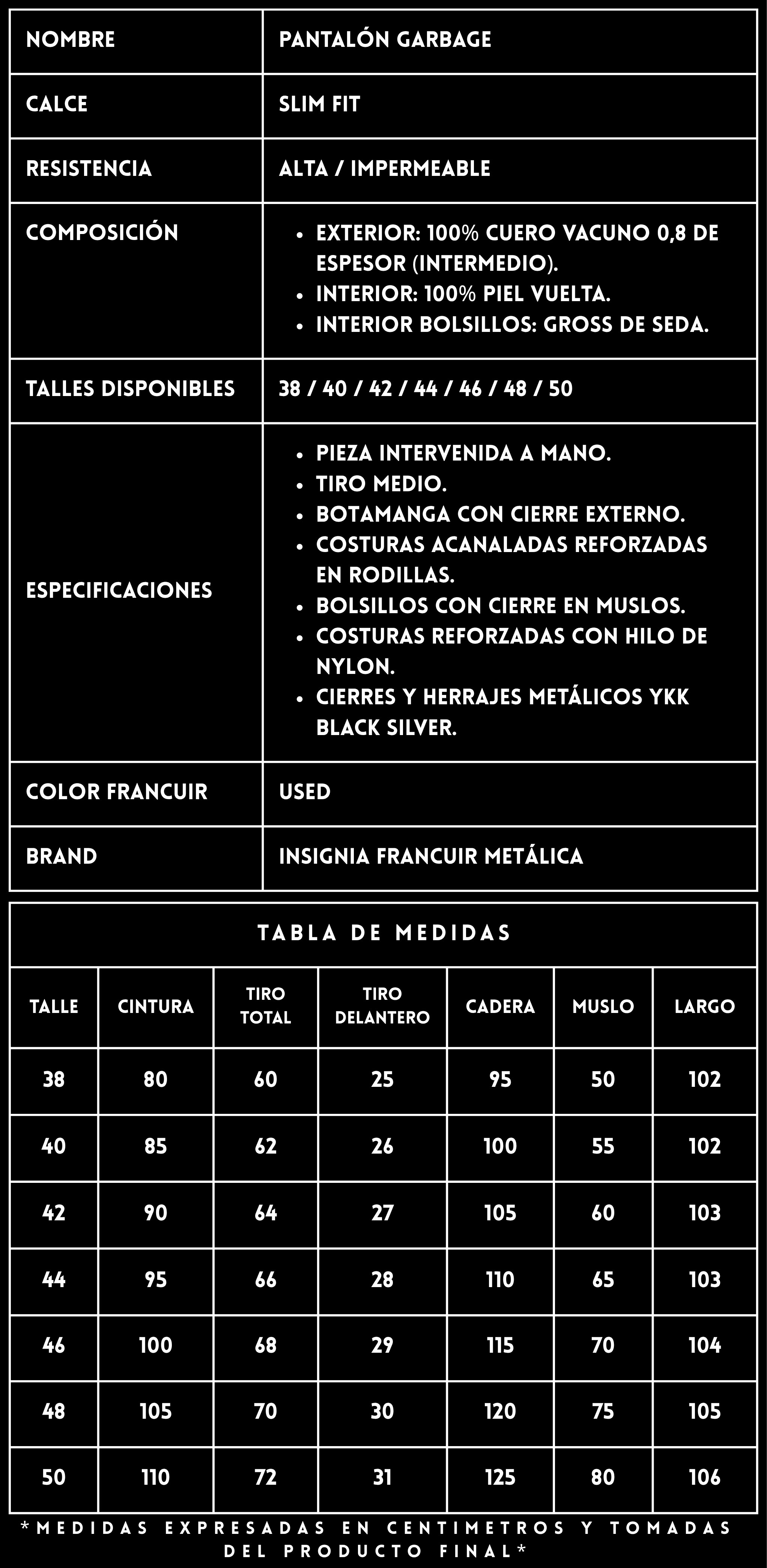 FICHA TÉCNICA PANTALÓN DE CUERO GARBAGE USED - FRANCUIR